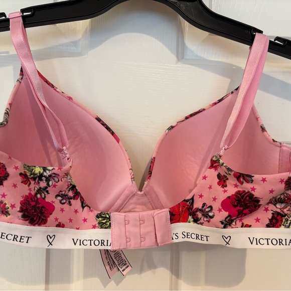 Pink Victoria Secret Bra 35d T Shirt Lightly Lined Demi Pink Floral Logo - Picture 3 of 4